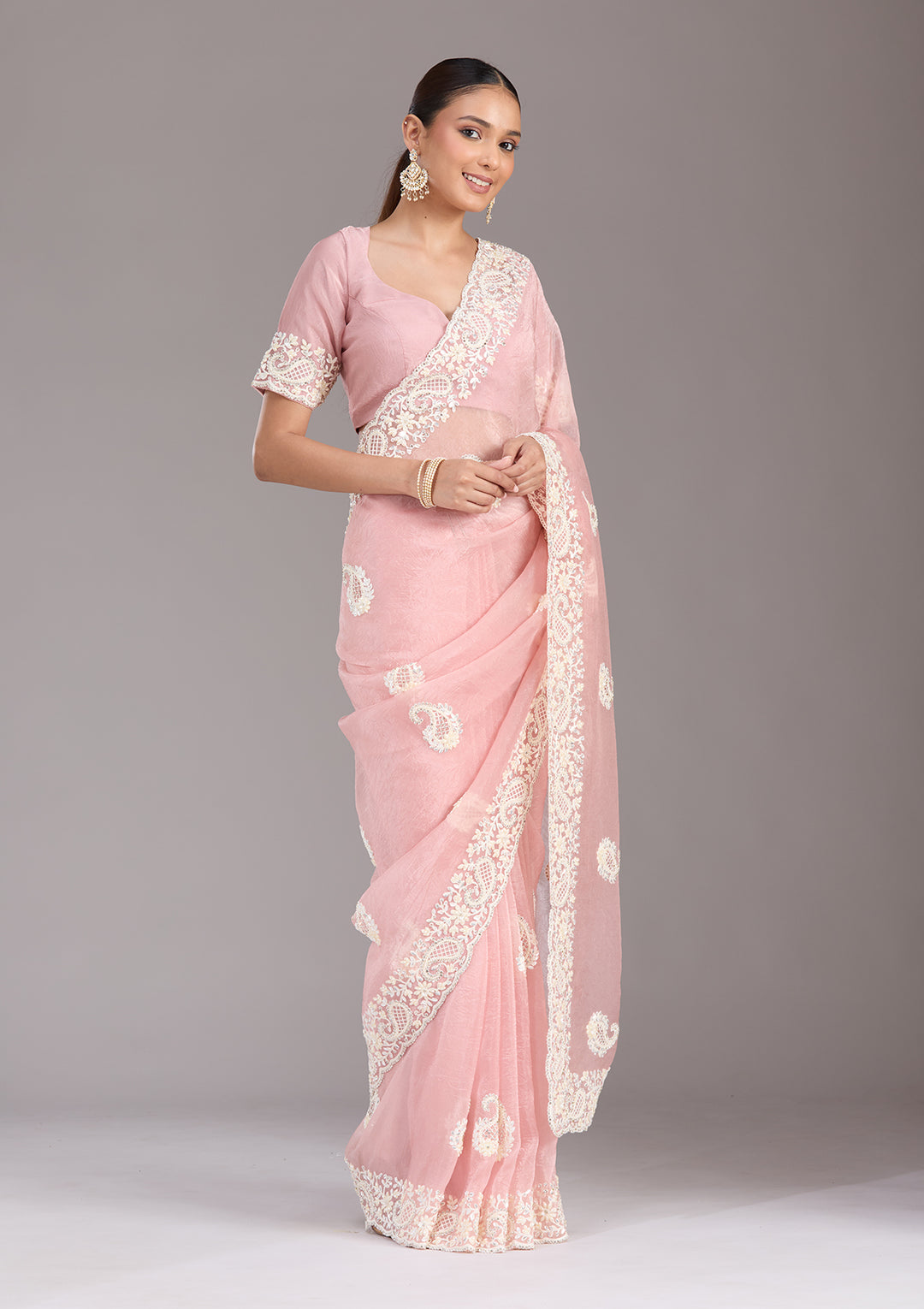 Baby Pink Pearlwork Tissue Saree