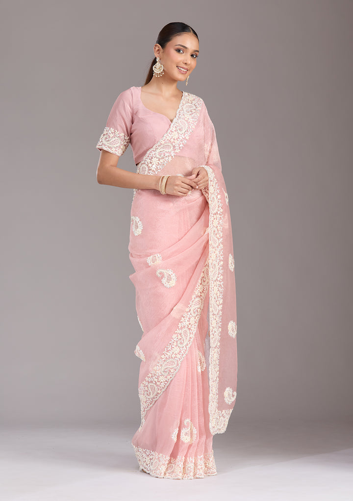 Baby Pink Pearlwork Tissue Saree