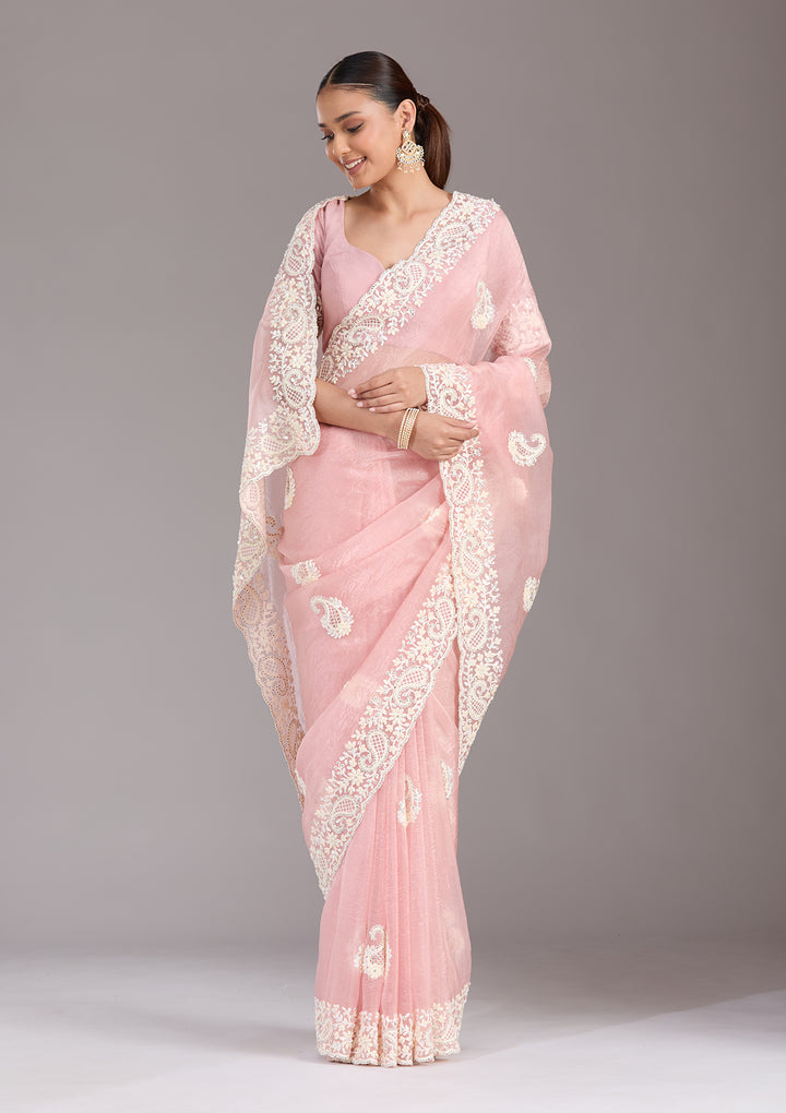 Baby Pink Pearlwork Tissue Saree