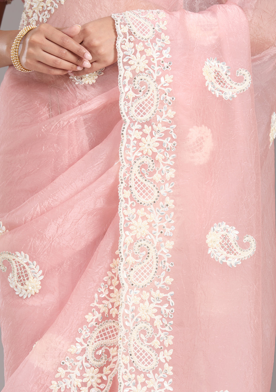 Baby Pink Pearlwork Tissue Saree