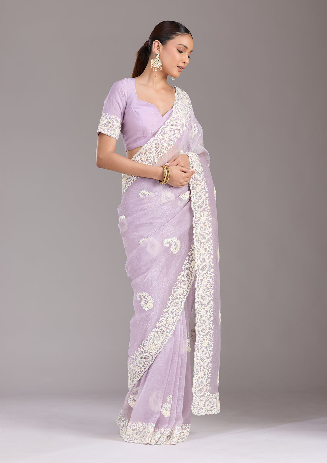 Lavender Pearlwork Tissue Saree