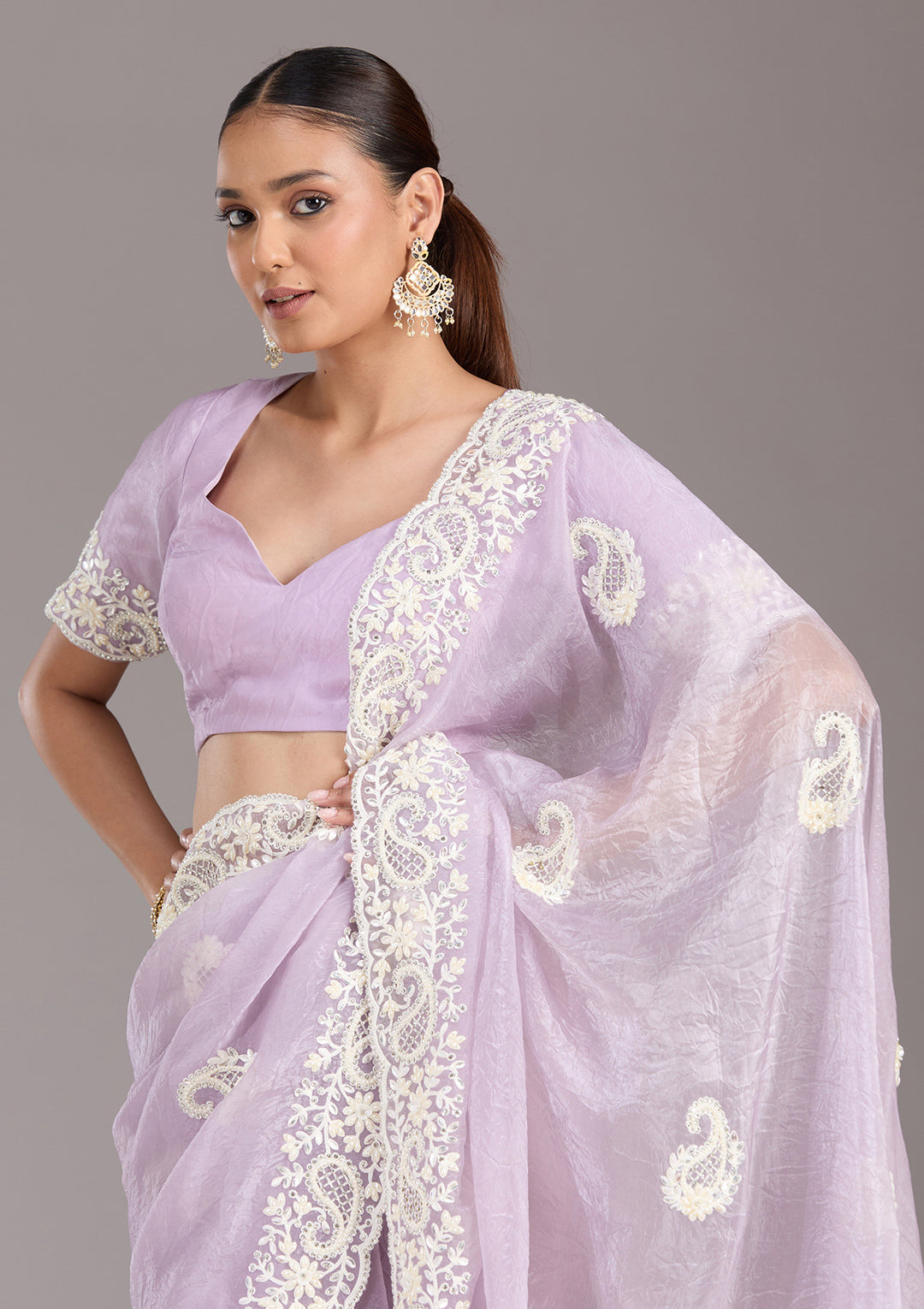 Lavender Pearlwork Tissue Saree