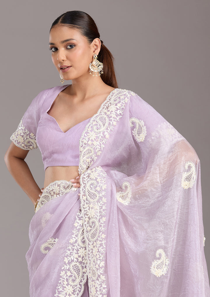 Lavender Pearlwork Tissue Saree