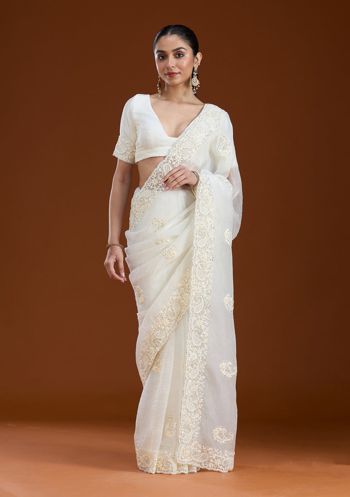 Off White Pearlwork Tissue Saree