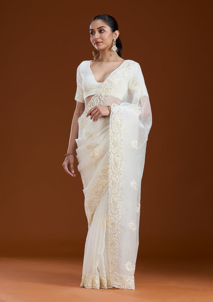 Off White Pearlwork Tissue Saree
