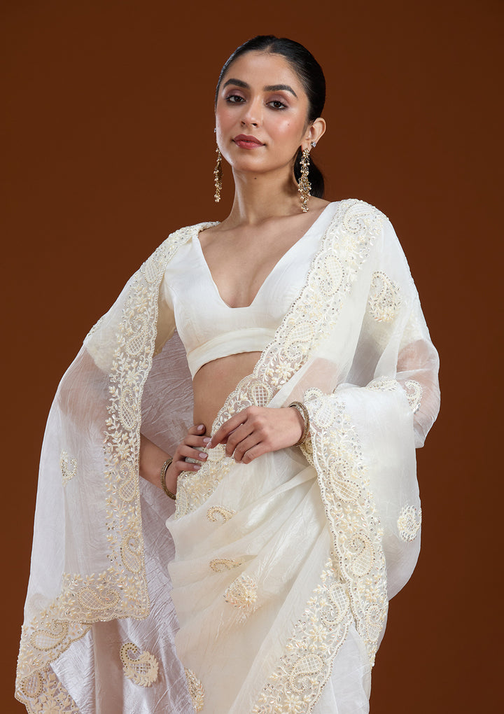 Off White Pearlwork Tissue Saree