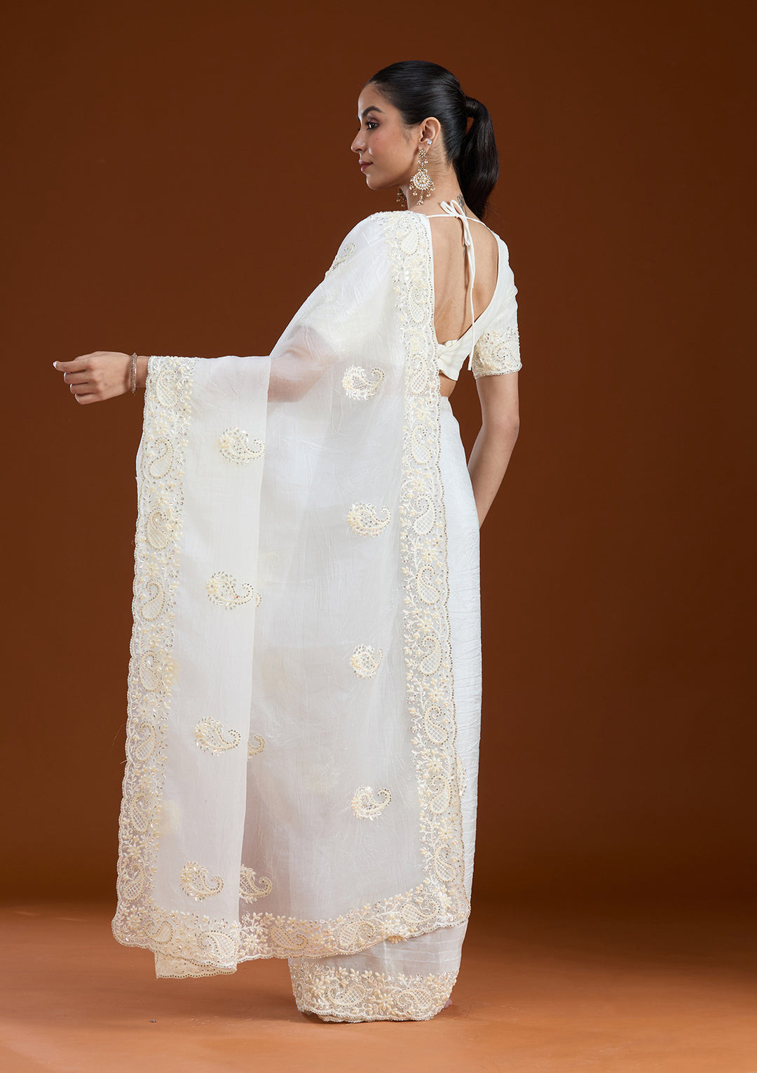 Off White Pearlwork Tissue Saree