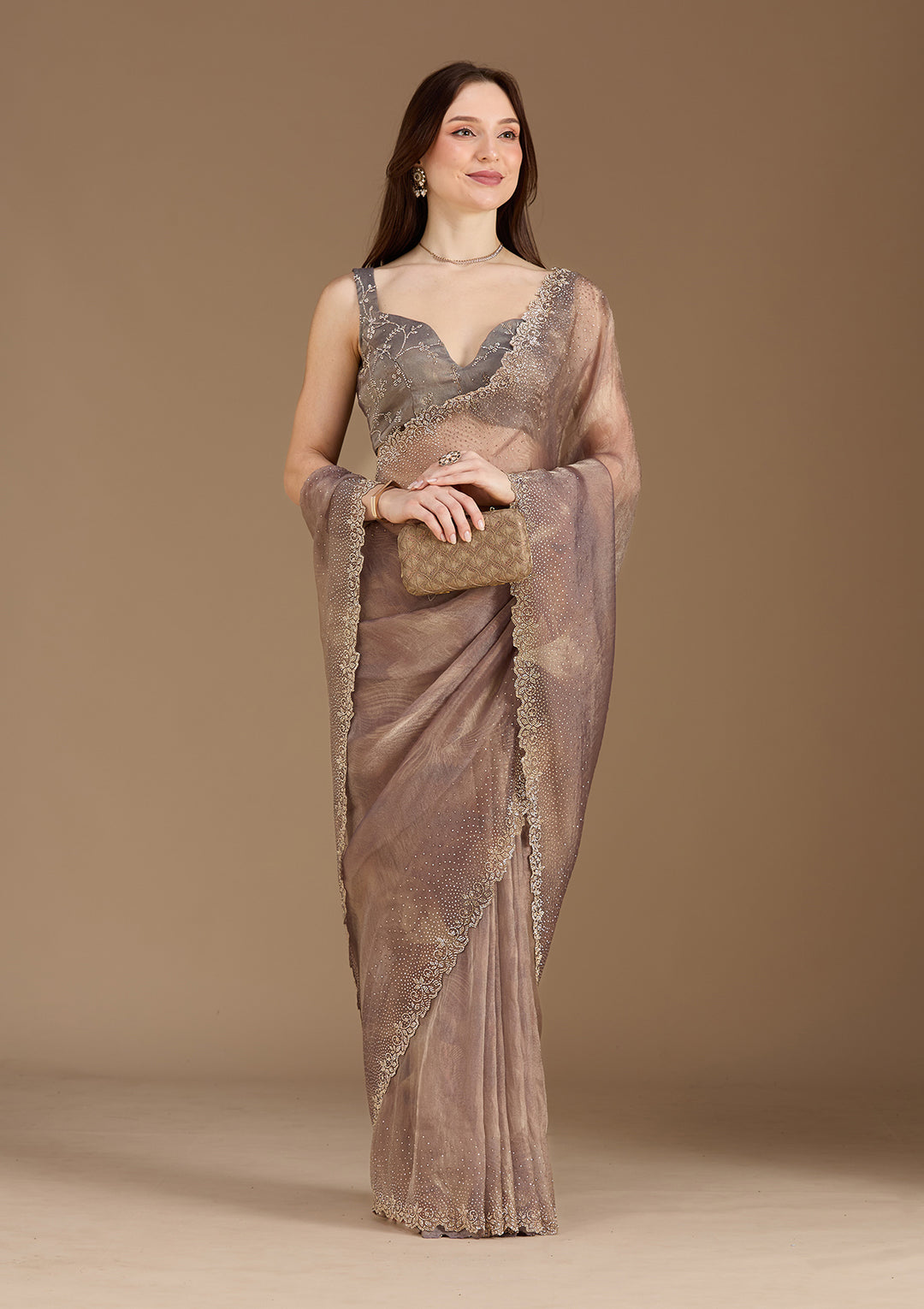 Brown Stonework (Gold) Tissue Saree