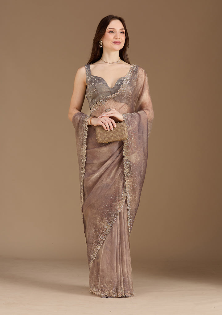 Brown Stonework (Gold) Tissue Saree