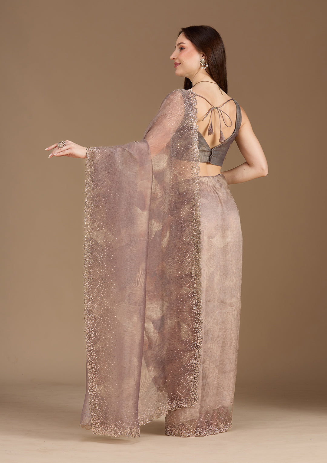 Brown Stonework (Gold) Tissue Saree