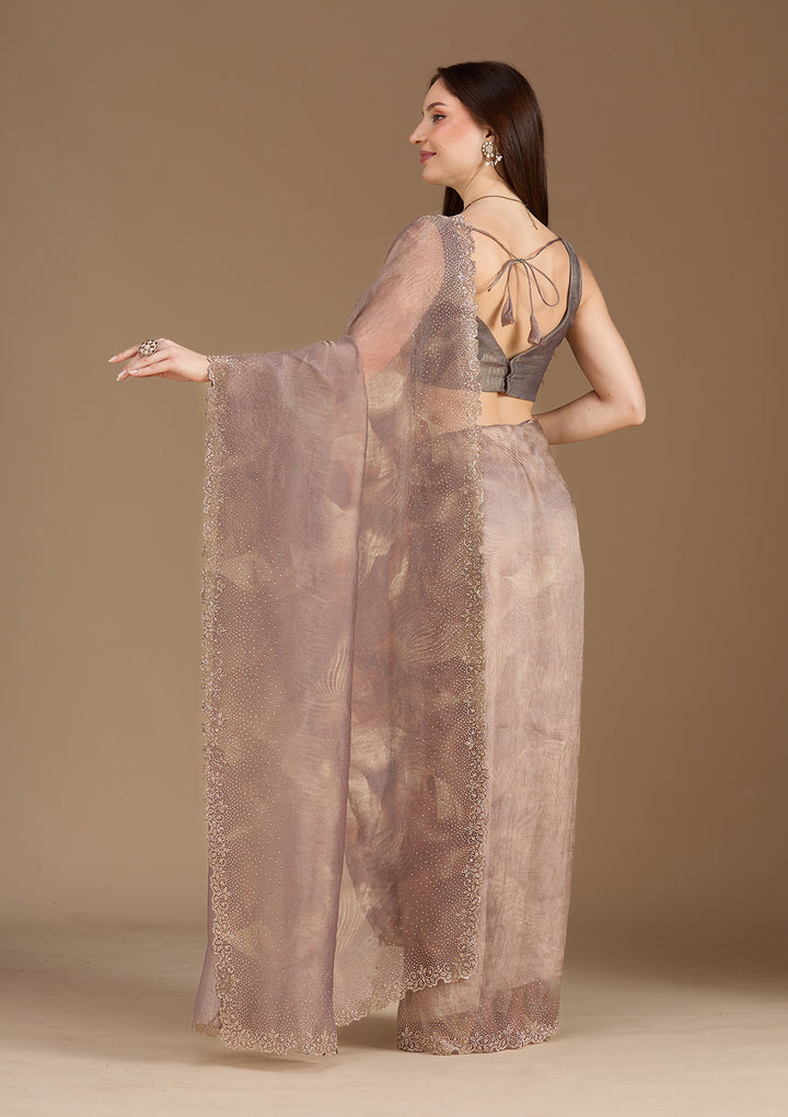 Brown Stonework (Gold) Tissue Saree