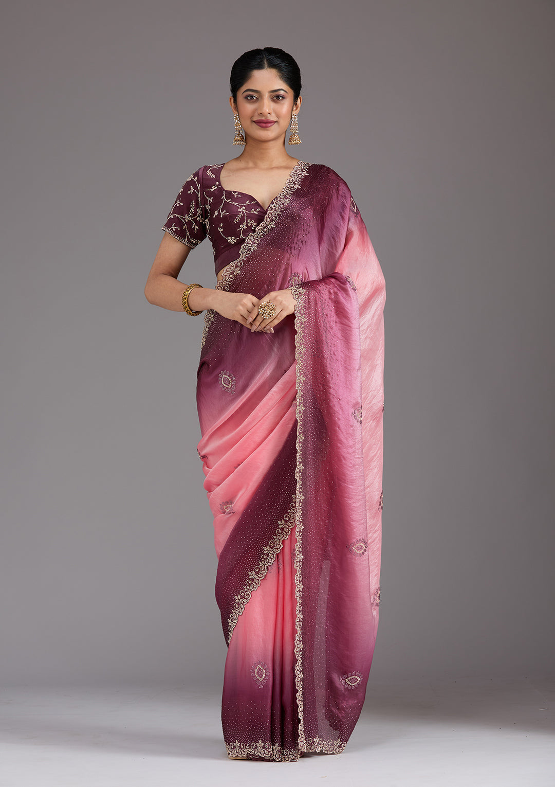 Gajari Pink Tissue Gold Stonework Saree With Matching Blouse Piece
