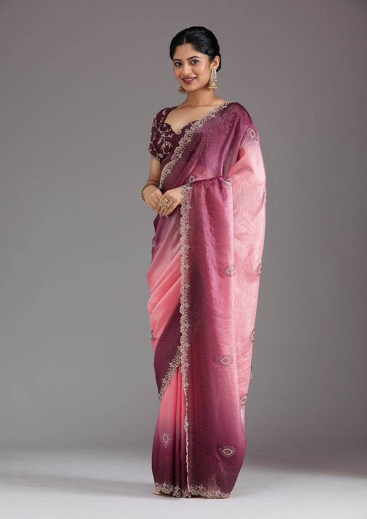 Gajari Pink Tissue Gold Stonework Saree With Matching Blouse Piece
