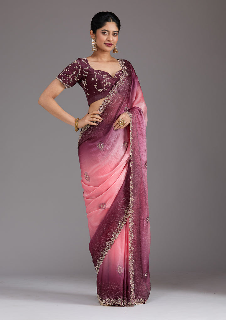 Gajari Pink Tissue Gold Stonework Saree With Matching Blouse Piece