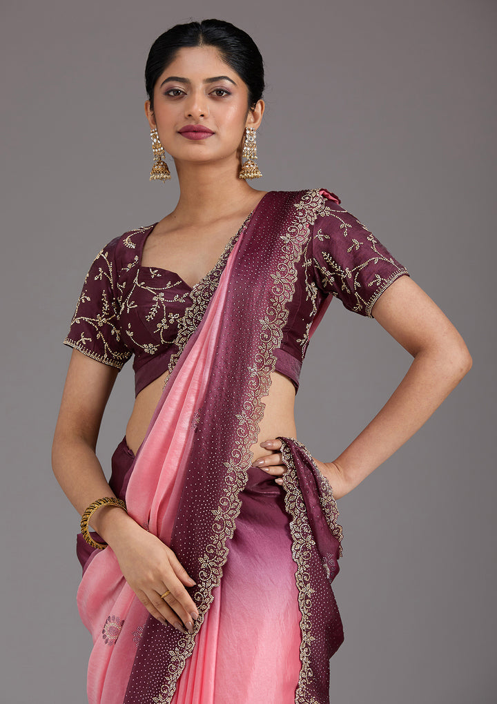 Gajari Pink Tissue Gold Stonework Saree With Matching Blouse Piece