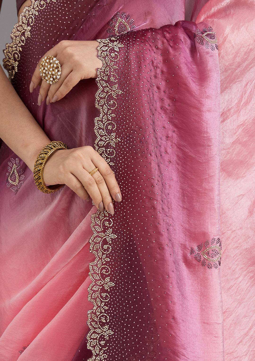 Gajari Pink Tissue Gold Stonework Saree With Matching Blouse Piece