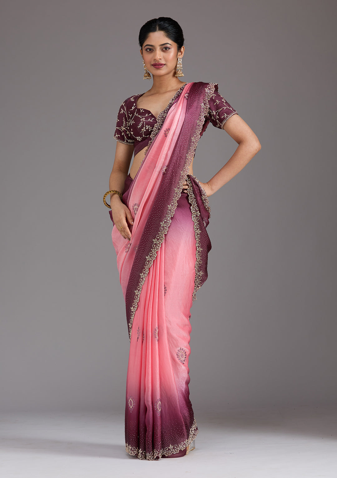 Gajari Pink Tissue Gold Stonework Saree With Matching Blouse Piece