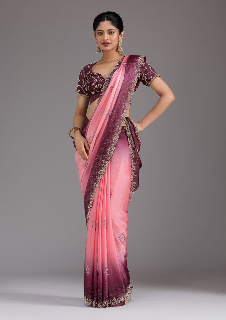 Gajari Pink Tissue Gold Stonework Saree With Matching Blouse Piece