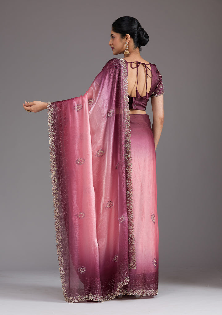 Gajari Pink Tissue Gold Stonework Saree With Matching Blouse Piece