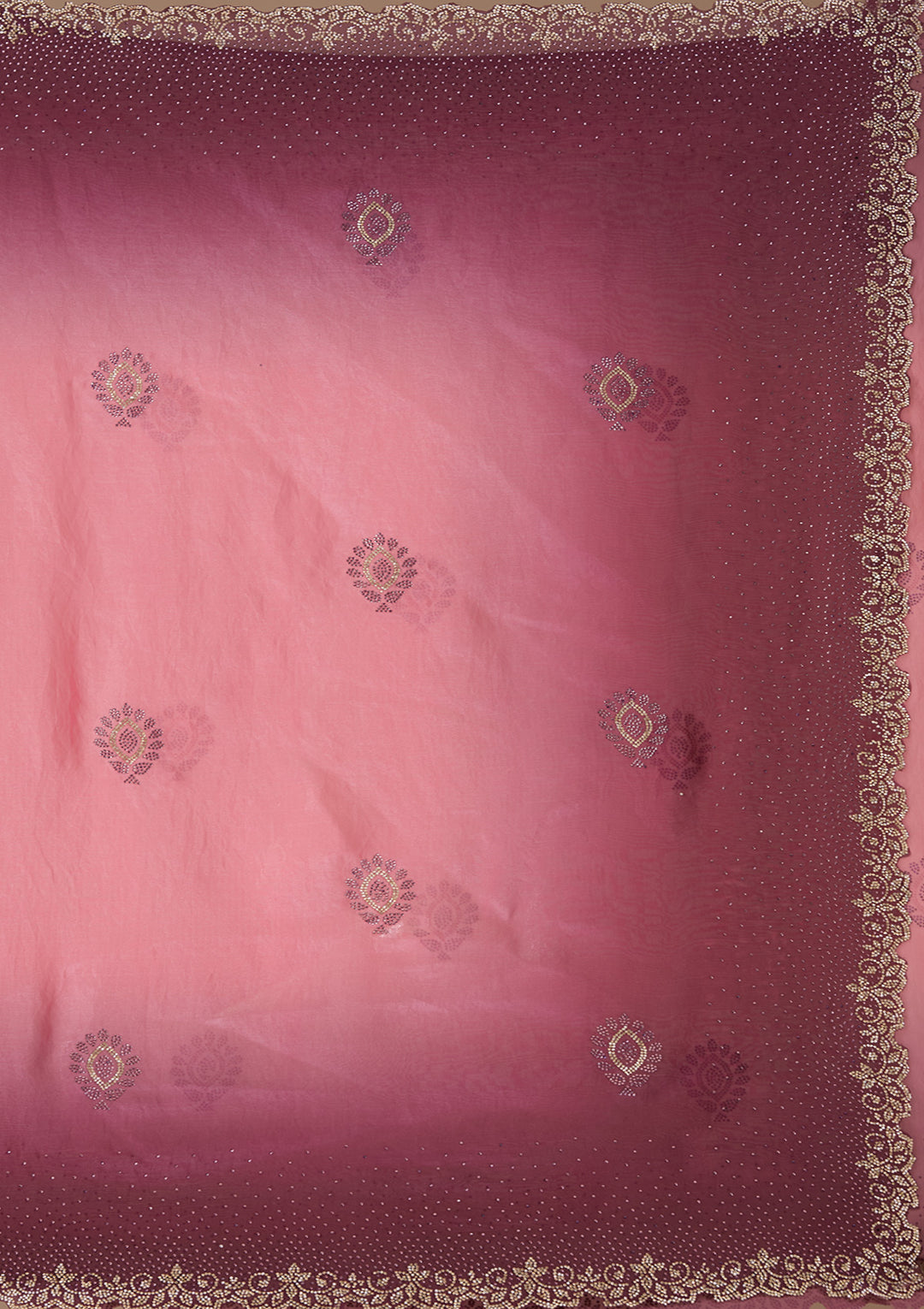 Gajari Pink Tissue Gold Stonework Saree With Matching Blouse Piece