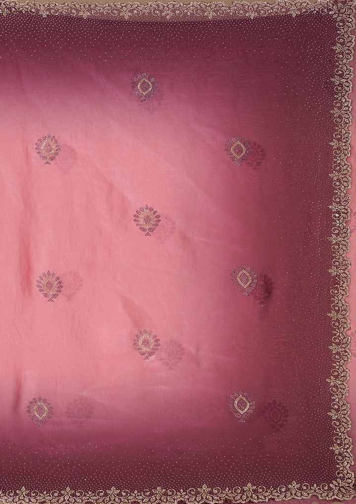 Gajari Pink Tissue Gold Stonework Saree With Matching Blouse Piece