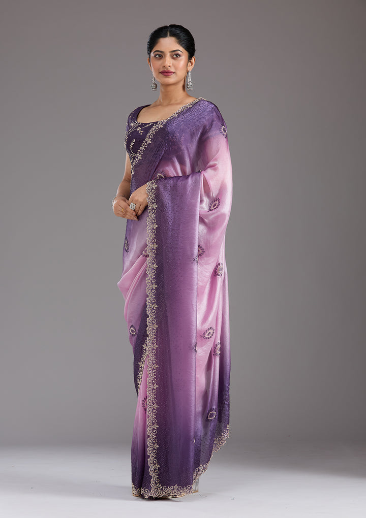 Light Lavender Stonework (Gold) Tissue Saree