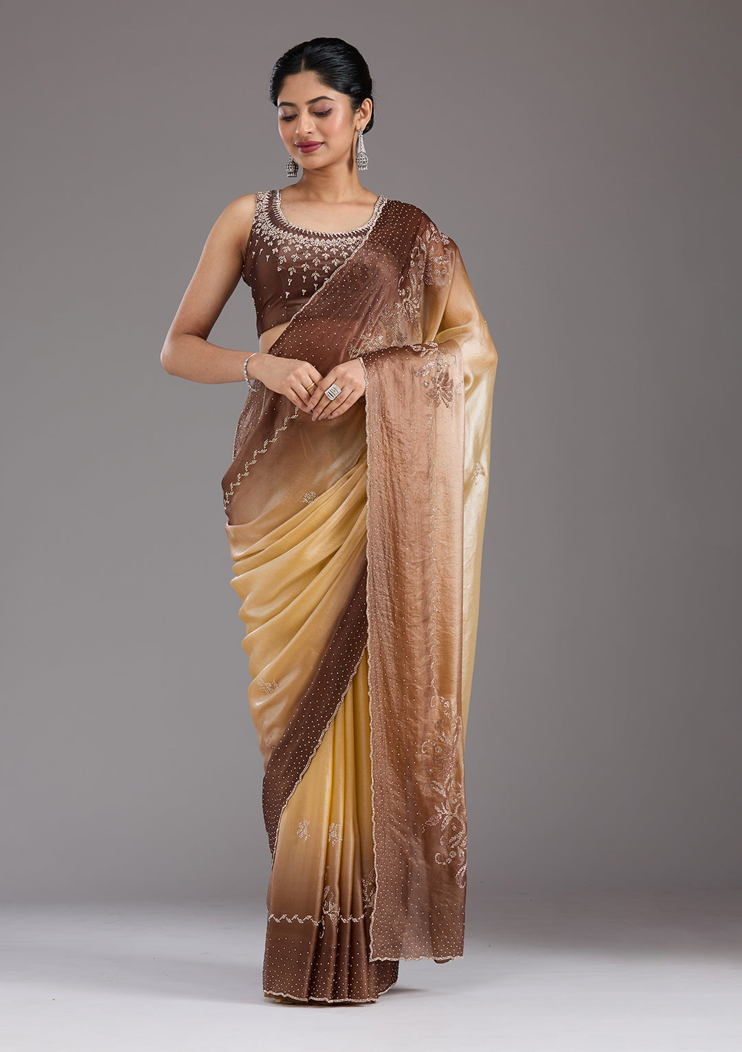 Beige Tissue Gold Stonework Saree With Matching Blouse Piece