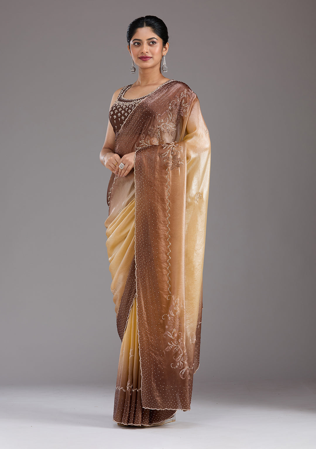 Beige Tissue Gold Stonework Saree With Matching Blouse Piece