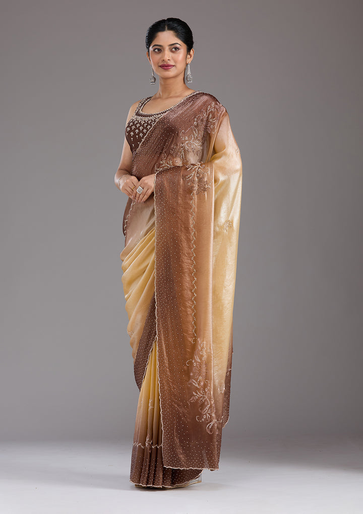 Beige Tissue Gold Stonework Saree With Matching Blouse Piece