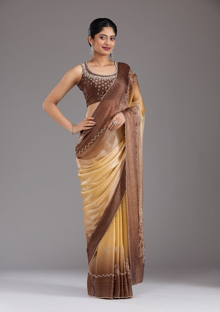 Beige Tissue Gold Stonework Saree With Matching Blouse Piece