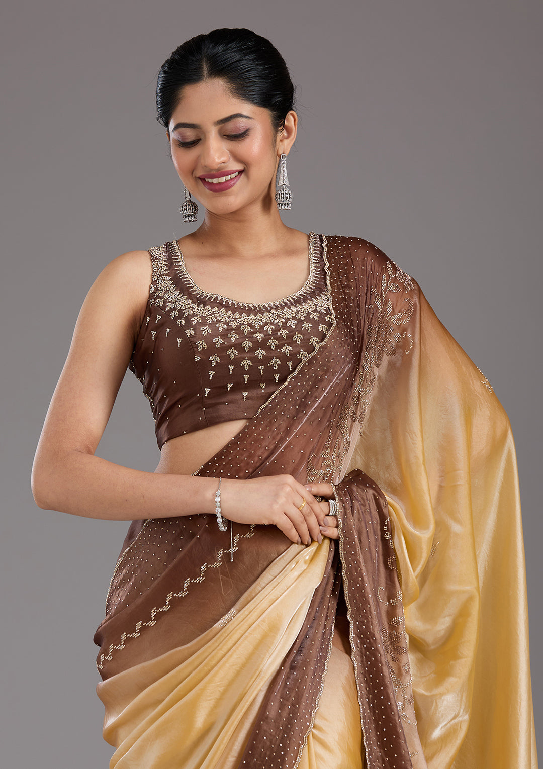 Beige Tissue Gold Stonework Saree With Matching Blouse Piece
