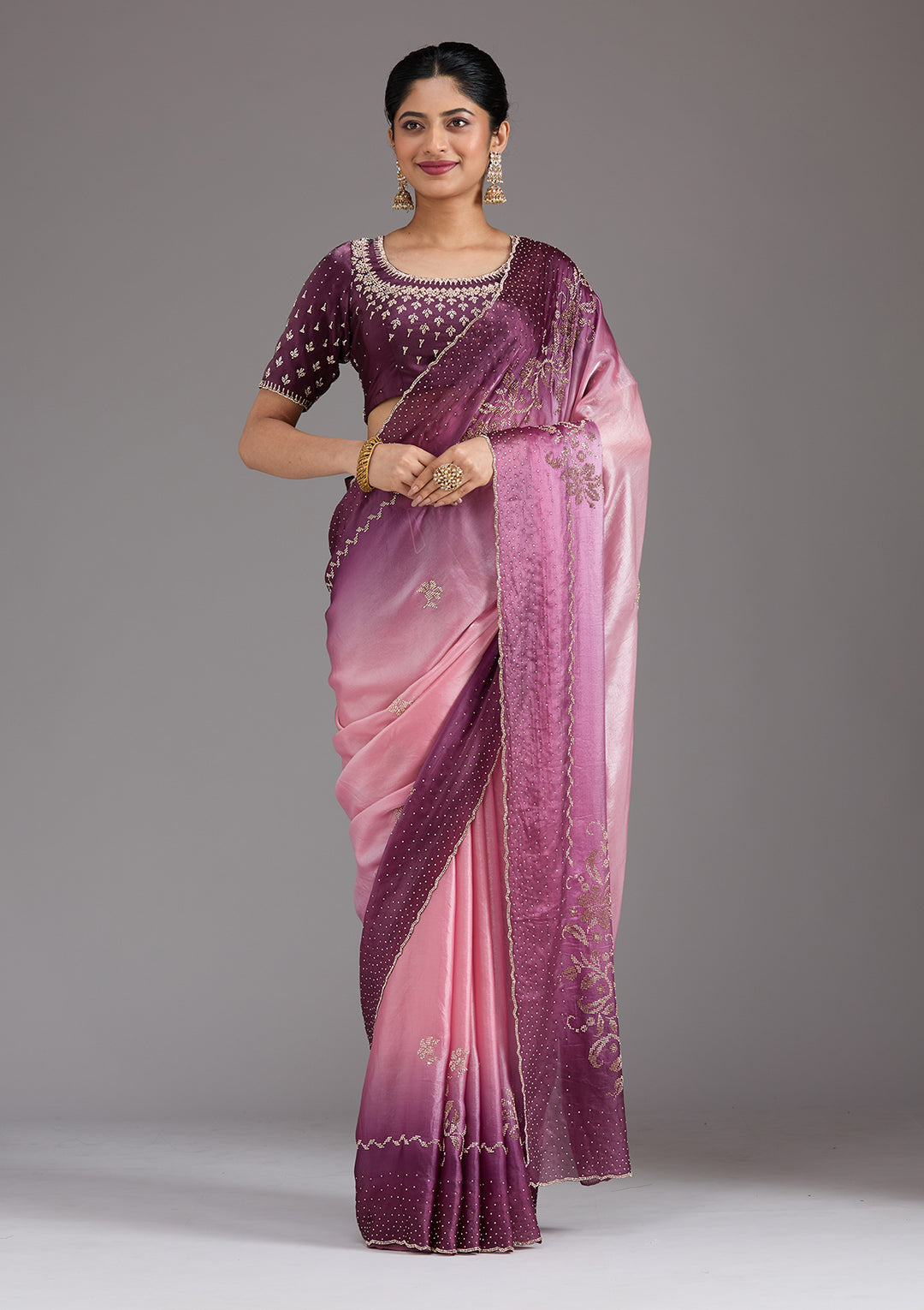 Pink Tissue Gold Stonework Saree With Matching Blouse Piece