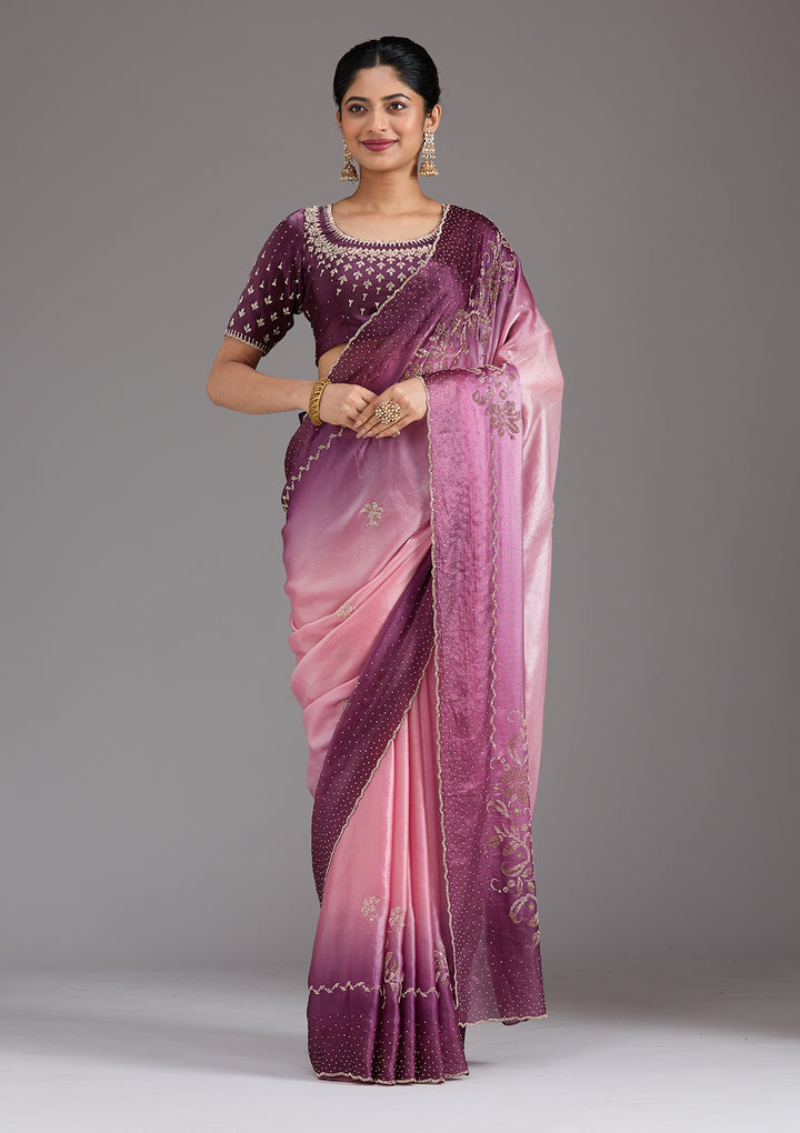 Pink Tissue Gold Stonework Saree With Matching Blouse Piece
