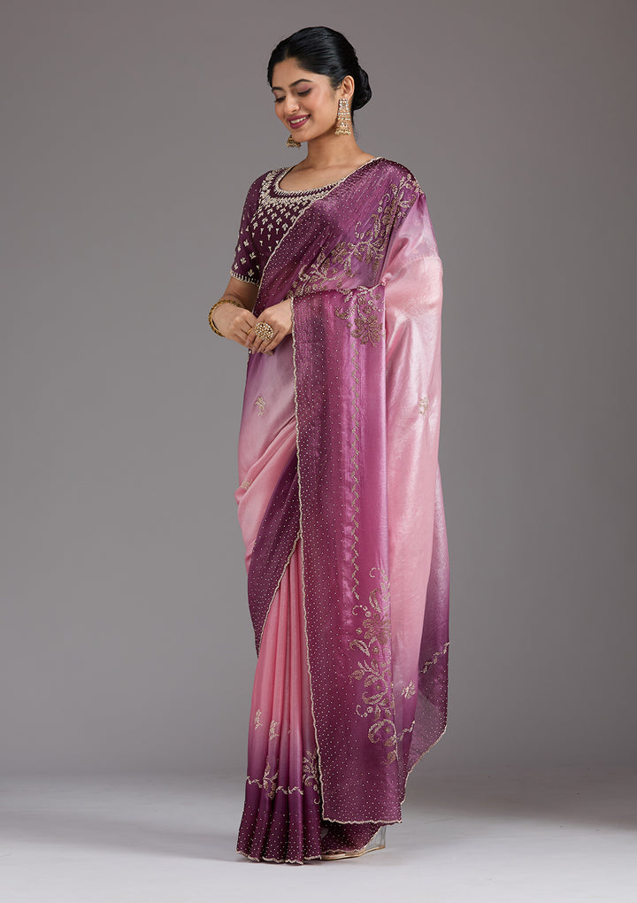 Pink Tissue Gold Stonework Saree With Matching Blouse Piece