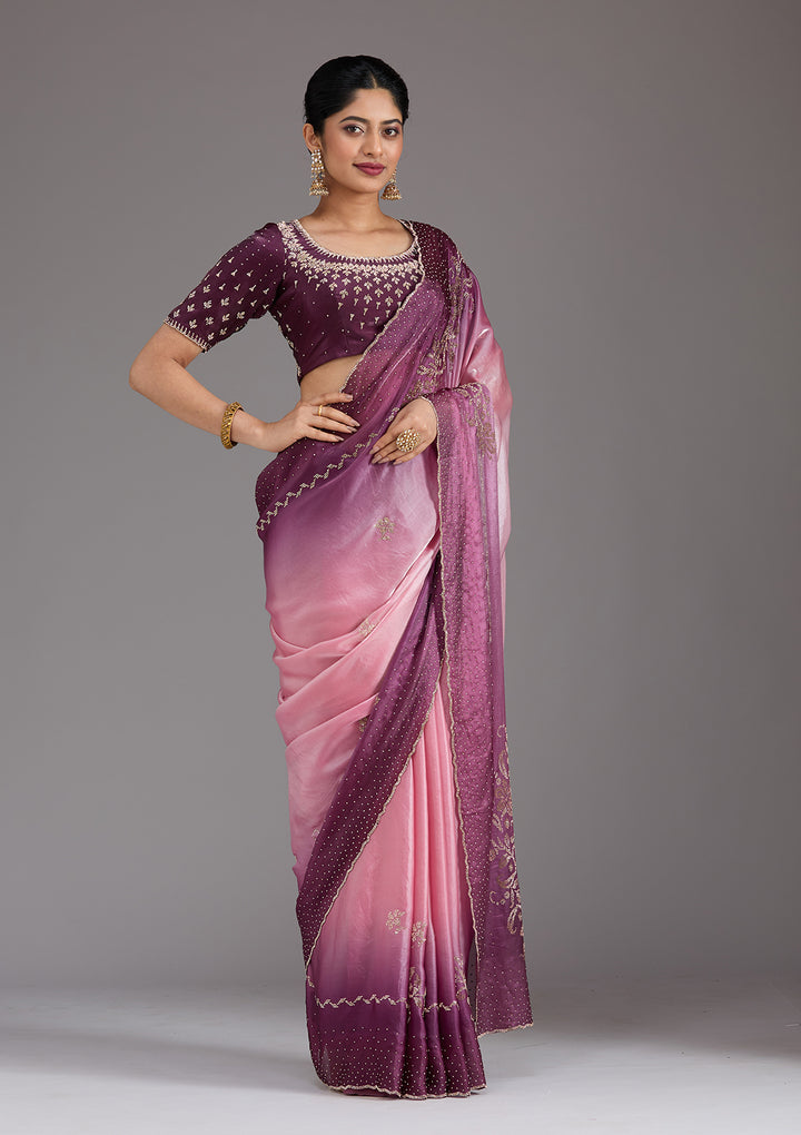 Pink Tissue Gold Stonework Saree With Matching Blouse Piece