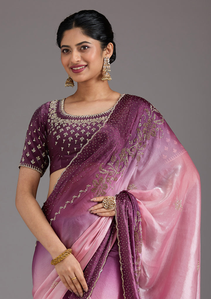 Pink Tissue Gold Stonework Saree With Matching Blouse Piece