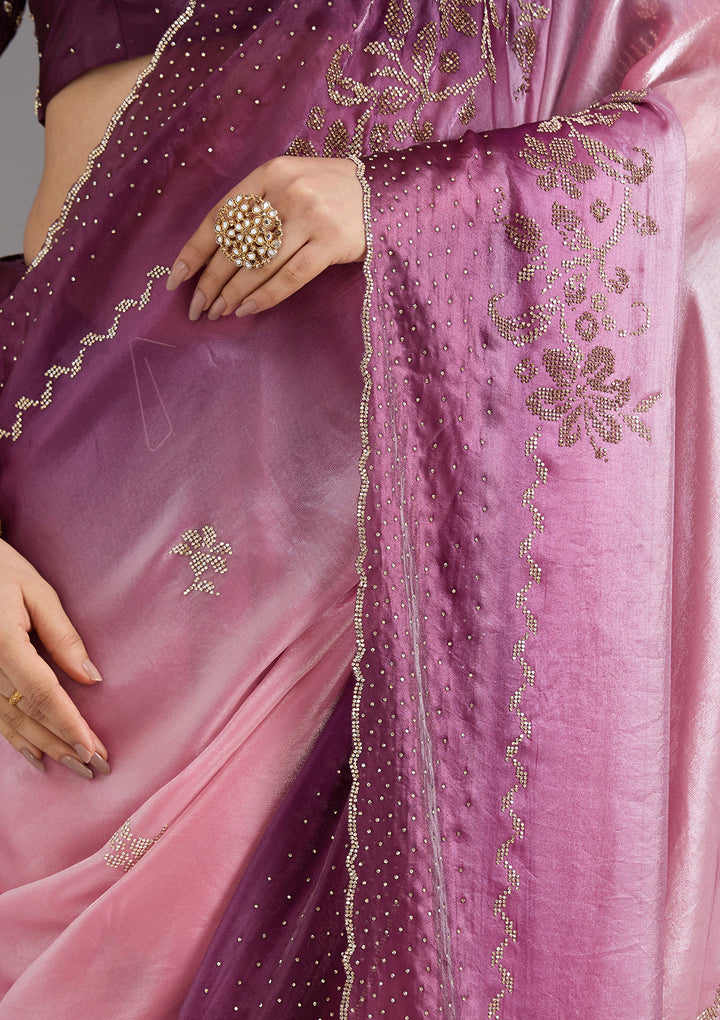 Pink Tissue Gold Stonework Saree With Matching Blouse Piece