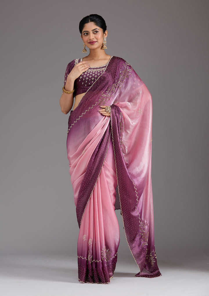 Pink Tissue Gold Stonework Saree With Matching Blouse Piece