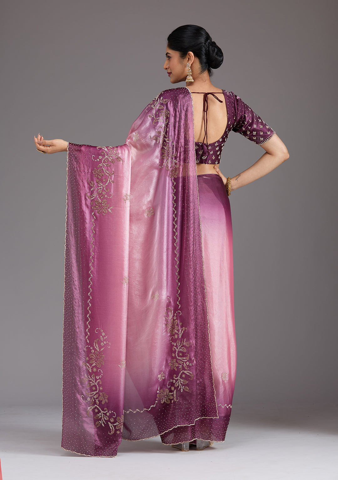 Pink Tissue Gold Stonework Saree With Matching Blouse Piece
