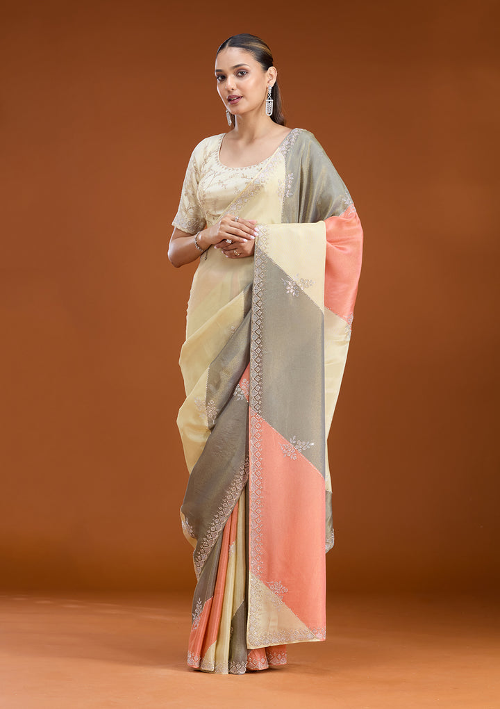 Gajari Pink Tissue Silver Stonework Saree With Matching Blouse Piece
