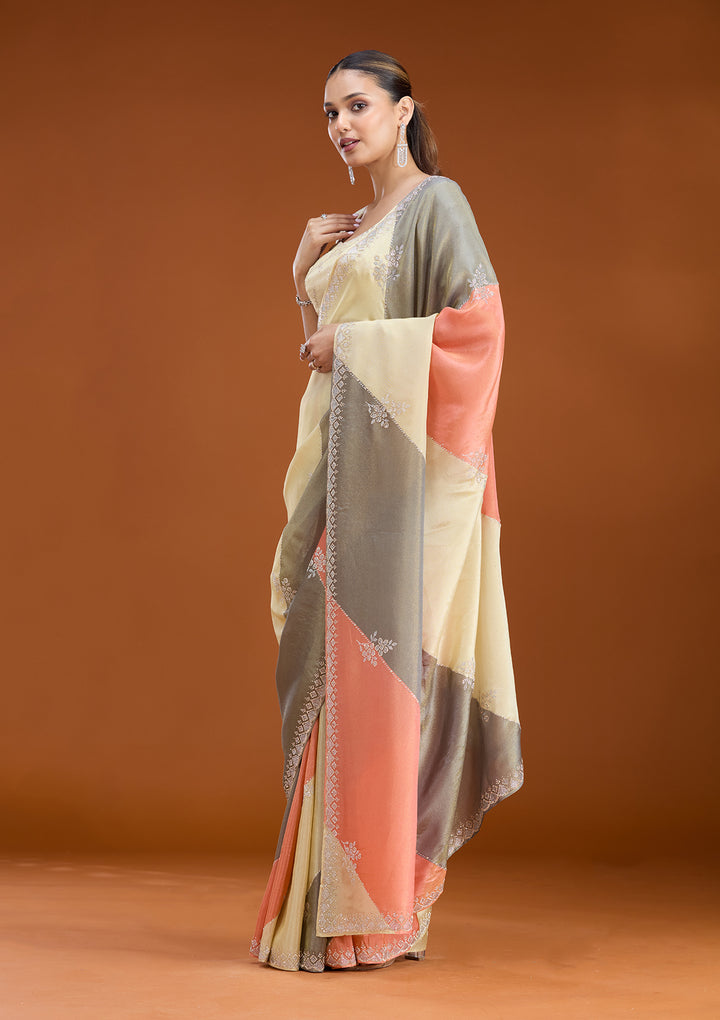 Gajari Pink Tissue Silver Stonework Saree With Matching Blouse Piece