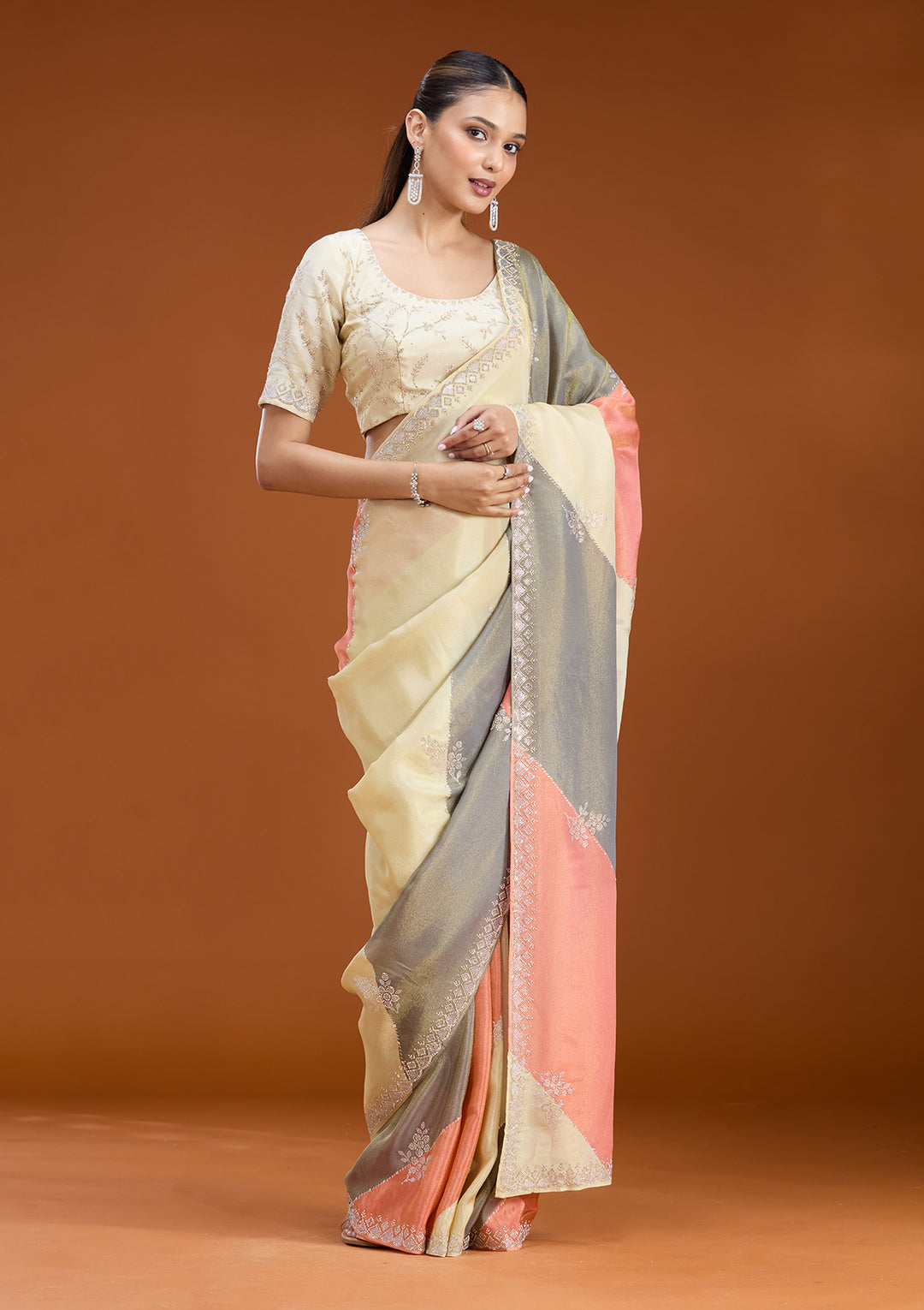 Gajari Pink Tissue Silver Stonework Saree With Matching Blouse Piece