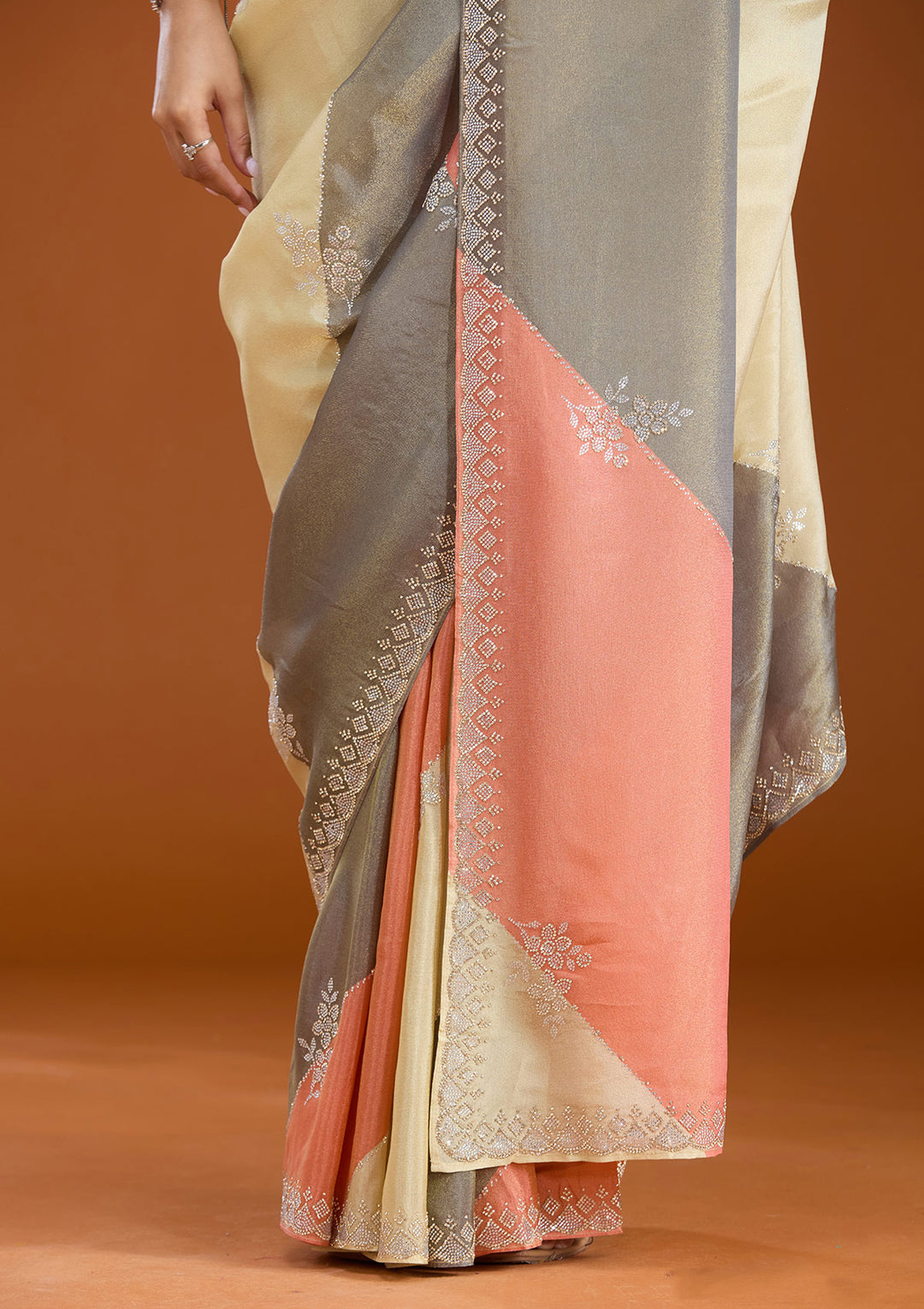 Gajari Pink Tissue Silver Stonework Saree With Matching Blouse Piece