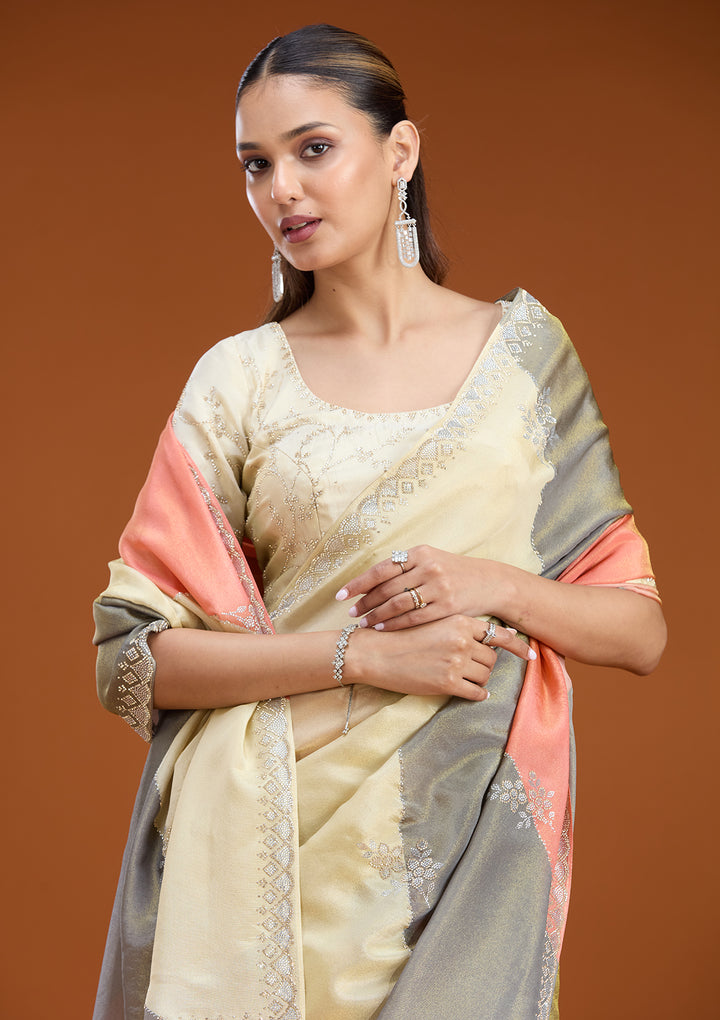 Gajari Pink Tissue Silver Stonework Saree With Matching Blouse Piece