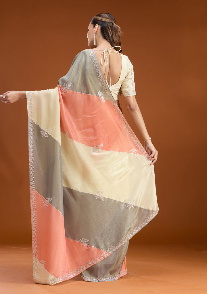 Gajari Pink Tissue Silver Stonework Saree With Matching Blouse Piece