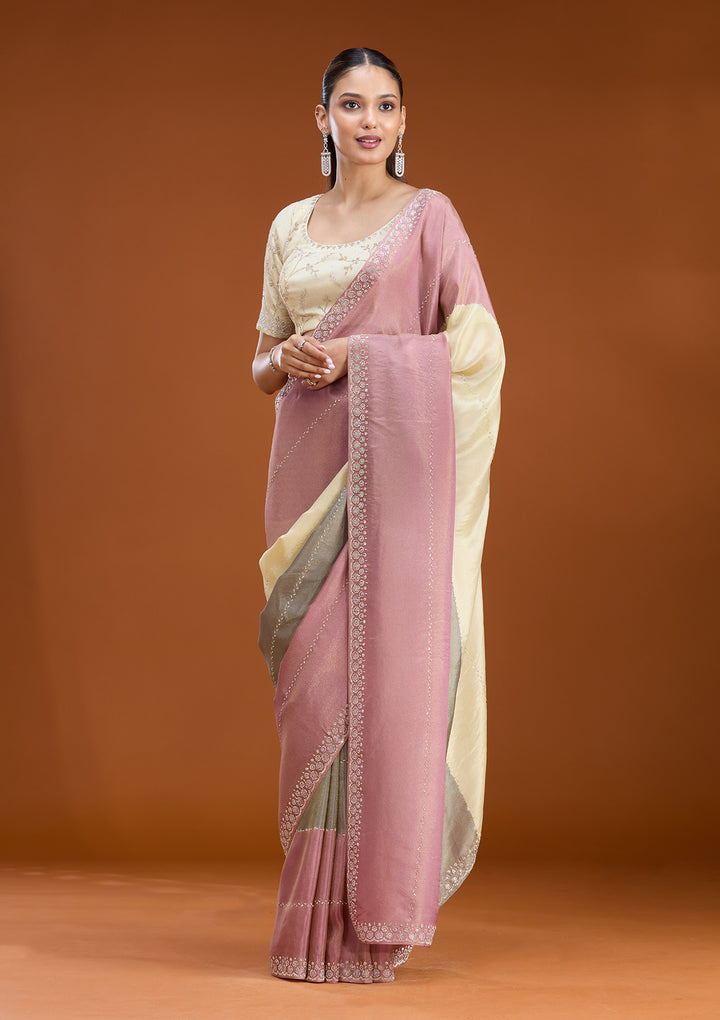 Lavender Tissue Silver Stonework Saree With Matching Blouse Piece