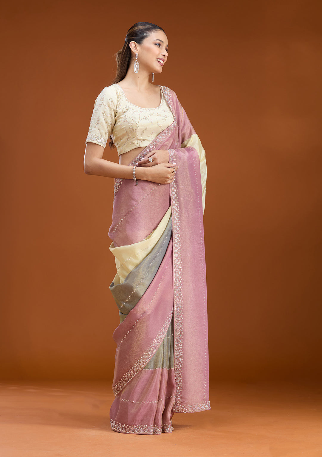 Lavender Tissue Silver Stonework Saree With Matching Blouse Piece