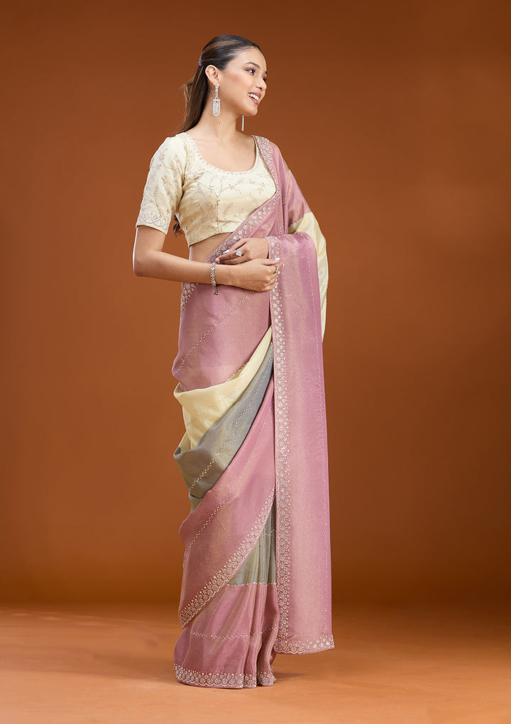 Lavender Tissue Silver Stonework Saree With Matching Blouse Piece