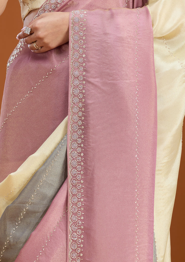 Lavender Tissue Silver Stonework Saree With Matching Blouse Piece