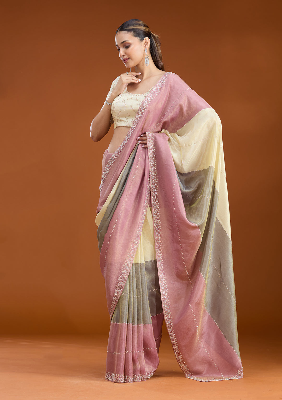 Lavender Tissue Silver Stonework Saree With Matching Blouse Piece